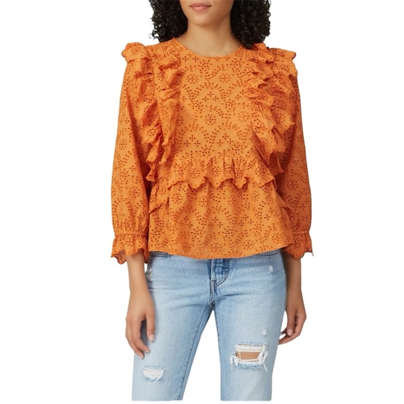 The GREAT. Eyelet Ruffle Blouse Top Orange 3/4 Sleeve Bohemian Boho Chic Size L - Picture 2 of 9